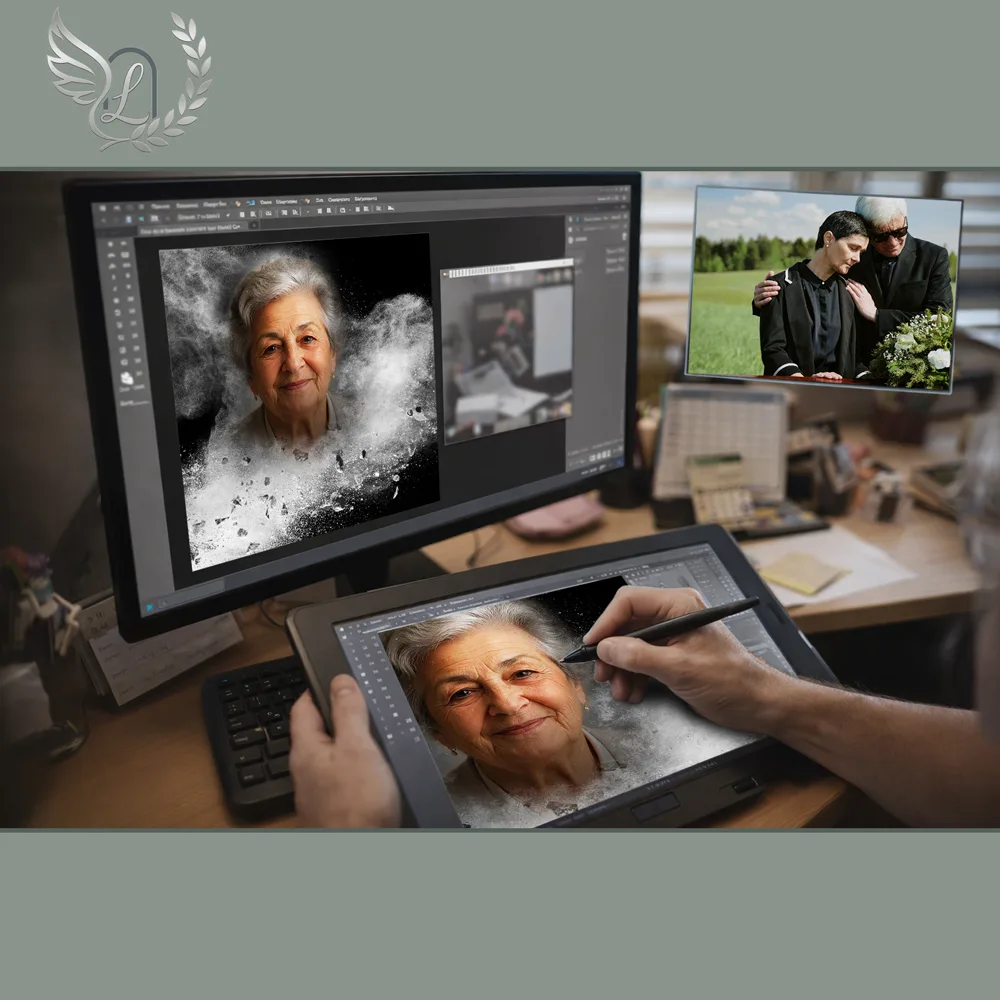 Création artistique plaque funéraire Oiseaux sur tablette graphique en studio