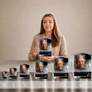 Gamme complète de plaques funéraires rectangles en plexiglas finition argent, du format M au 4XL, avec portrait et thème oiseaux, présentées côte à côte