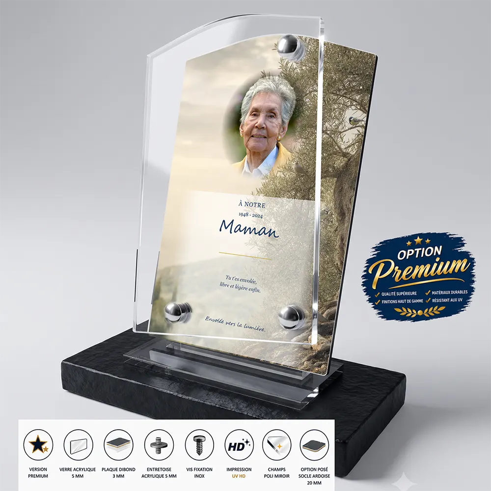 Plaque funéraire stèle Oiseaux finition premium présentée sur socle en ardoise