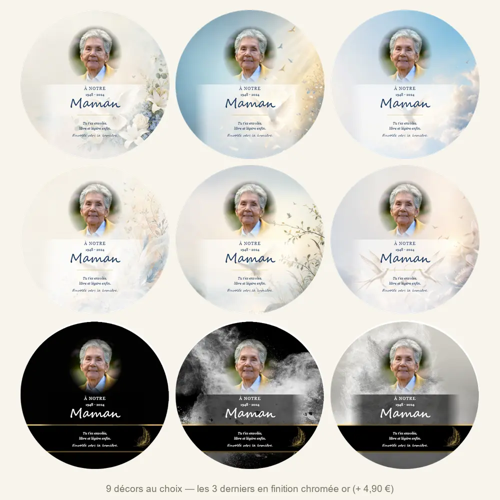 Plaque funéraire circulaire Oiseaux — neuf décors de fond au choix