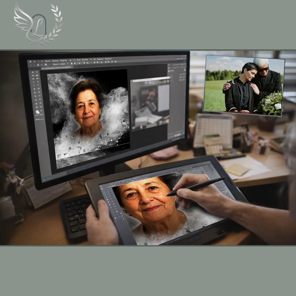 Création artistique plaque funéraire Oiseaux sur tablette graphique en studio