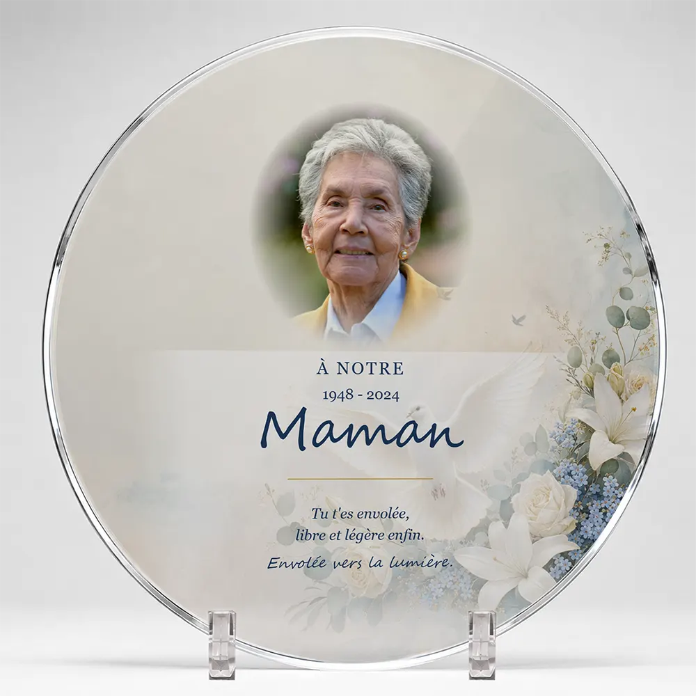 Plaque funéraire circulaire Oiseaux personnalisée — portrait, texte libre et fond au choix, présentée sur pied plexi