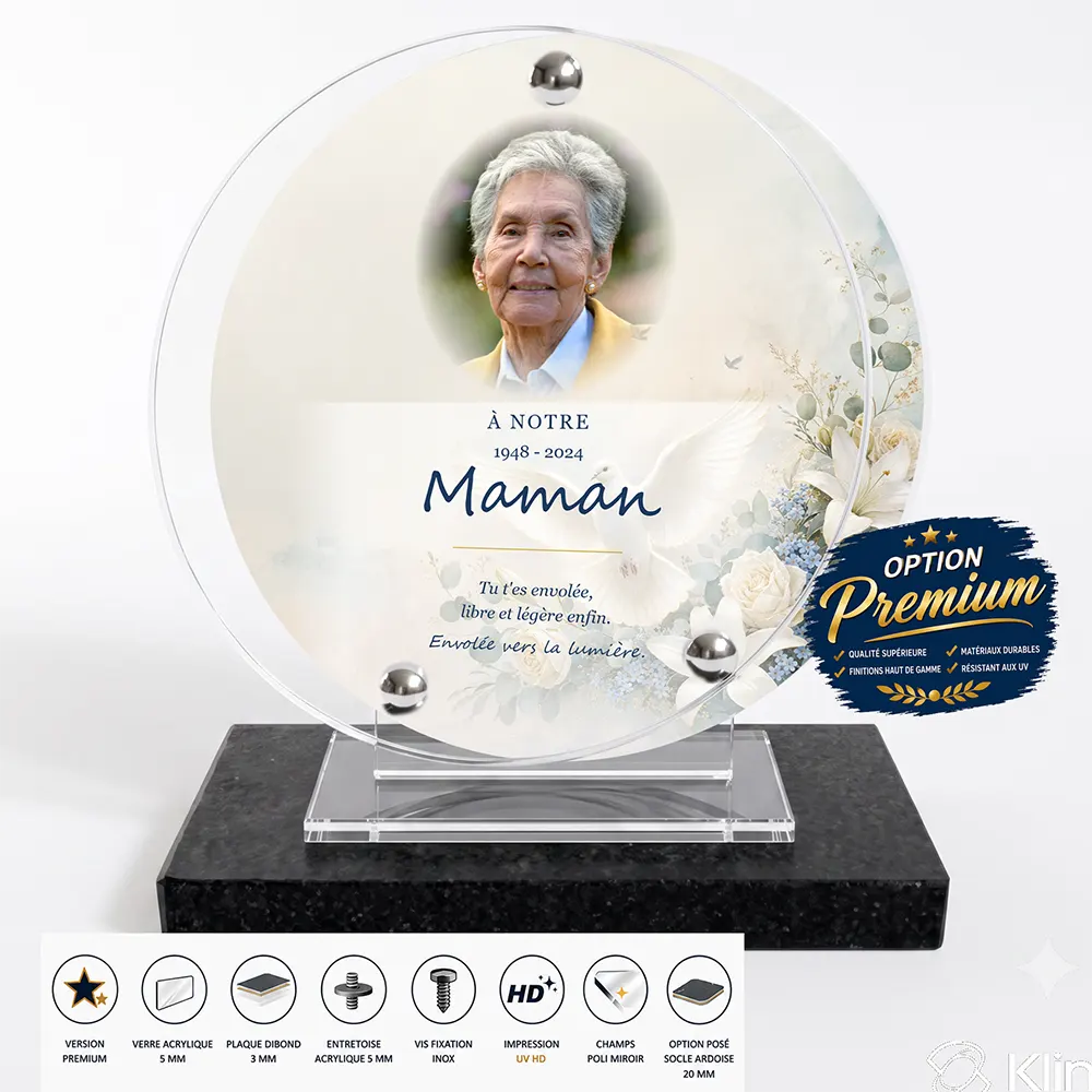 Plaque funéraire circulaire Oiseaux finition premium présentée sur socle en ardoise