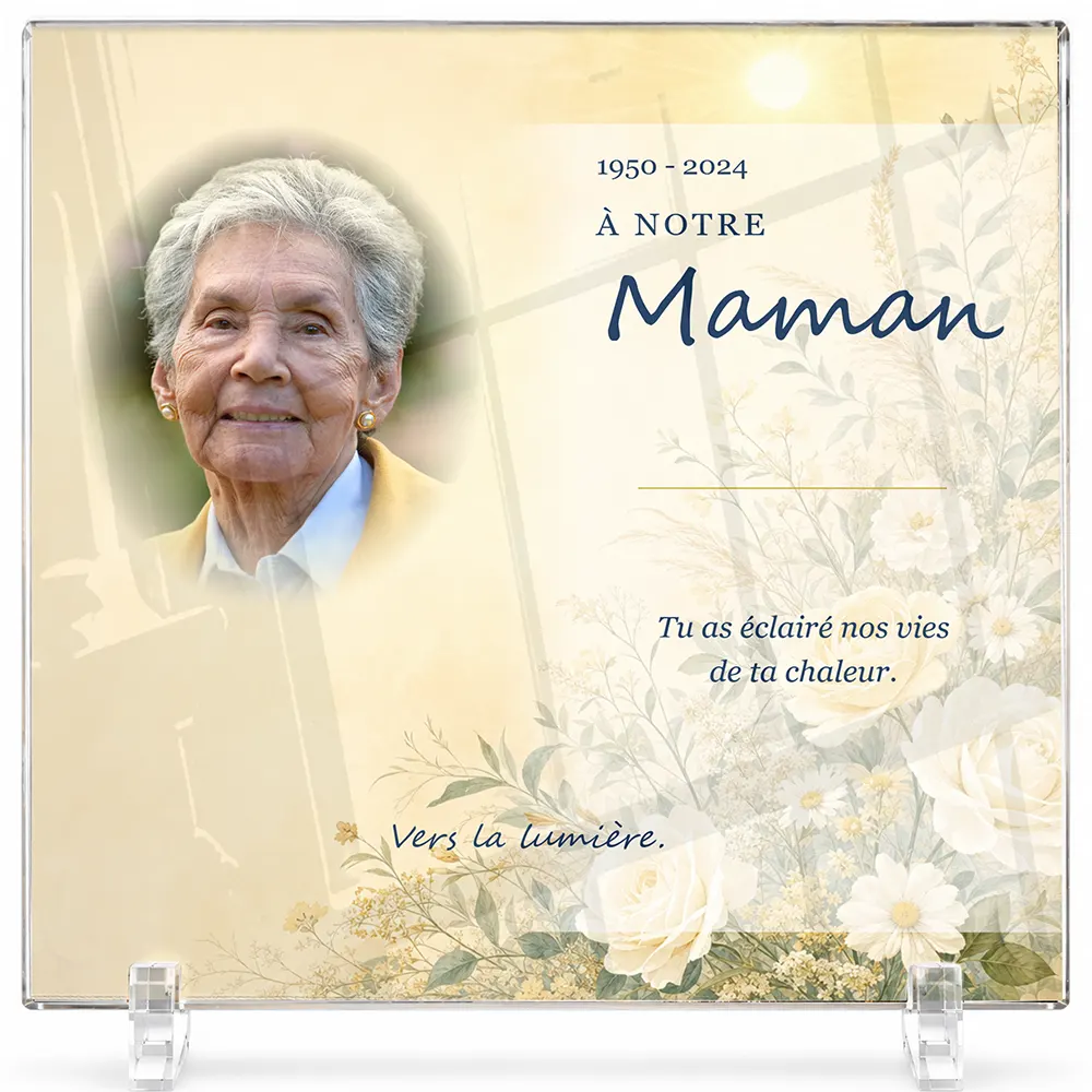 Plaque funéraire carré Soleil personnalisée — portrait, texte libre et fond au choix, présentée sur pied plexi