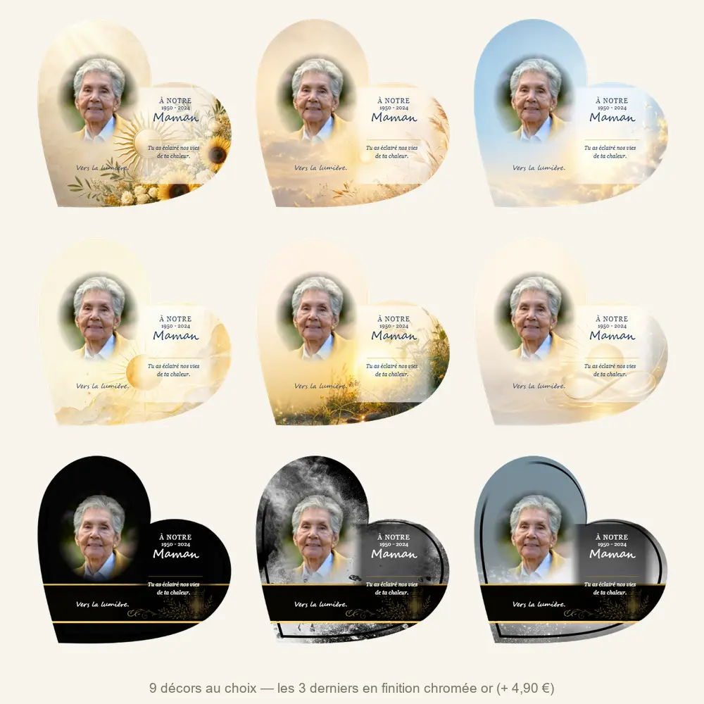 Plaque funéraire cœur Soleil — neuf décors de fond au choix