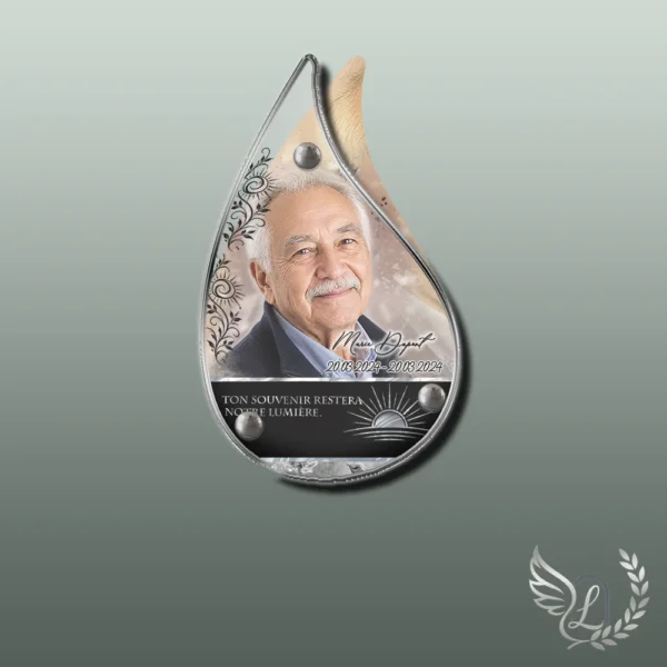 Plaque funéraire flamme soleil collée sur pierre tombale, double-face professionnel inclus, 1er sous-décor du thème