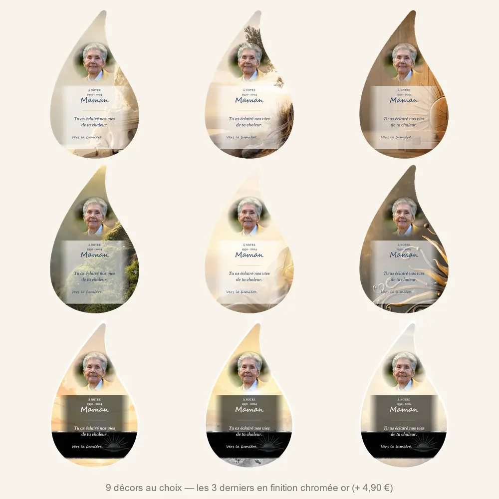Plaque funéraire flamme Soleil — neuf décors de fond au choix