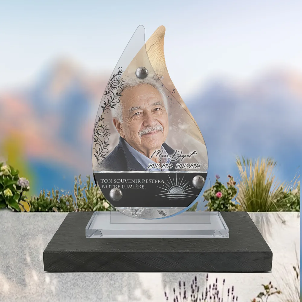 Plaque Flamme Soleil à poser sur socle ardoise du Brésil