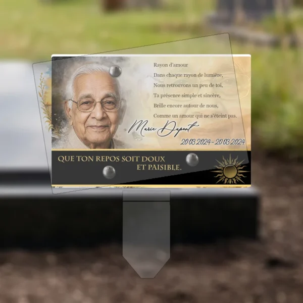 Plaque funéraire panoramique soleil plantée par appendice plexiglas, sol meuble ou pot, 1er sous-décor