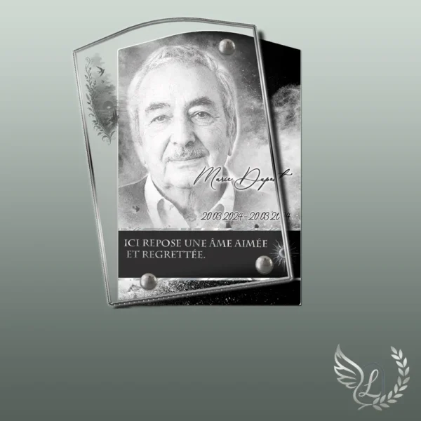Plaque funéraire rectangle soleil collée sur pierre tombale, double-face professionnel inclus, 1er sous-décor du thème