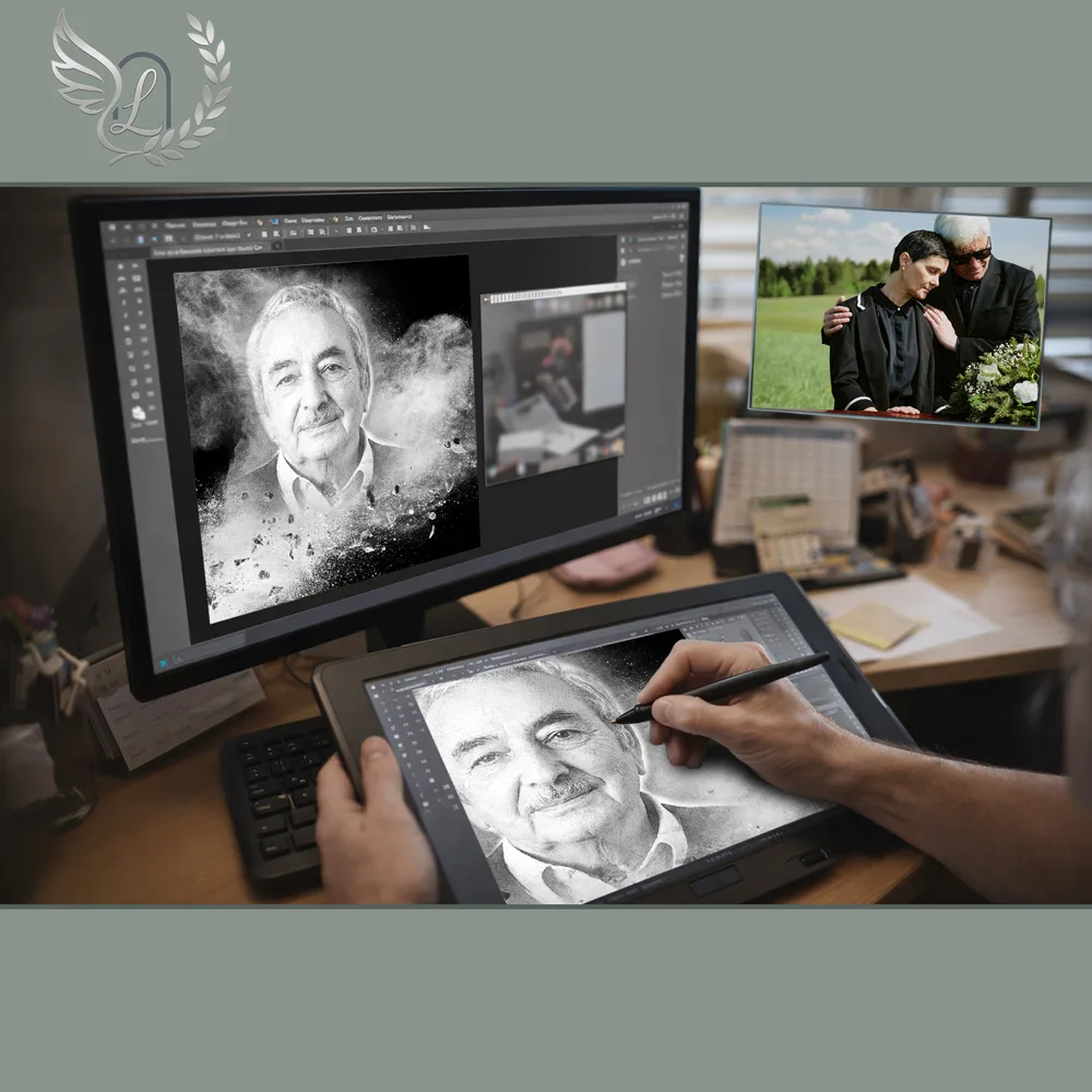 Création artistique plaque funéraire Soleil sur tablette graphique en studio