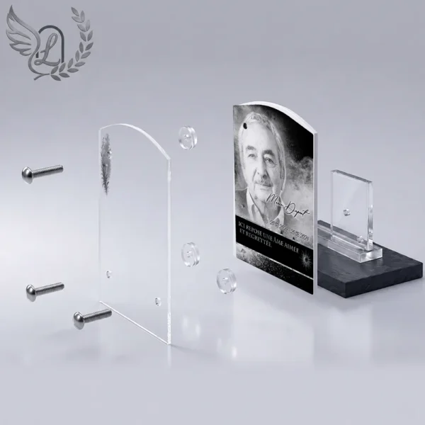 Plaque funéraire rectangle soleil en vue éclatée : assemblage 5 couches plexiglas, entretoises chromées, dibond aluminium, vis inox 316