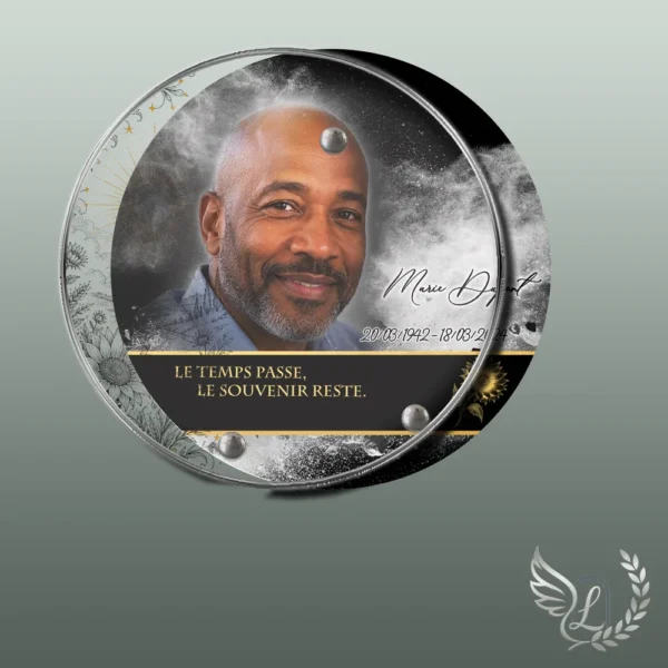 Plaque funéraire médaillon rond soleil collée sur pierre tombale, double-face professionnel inclus, 1er sous-décor du thème