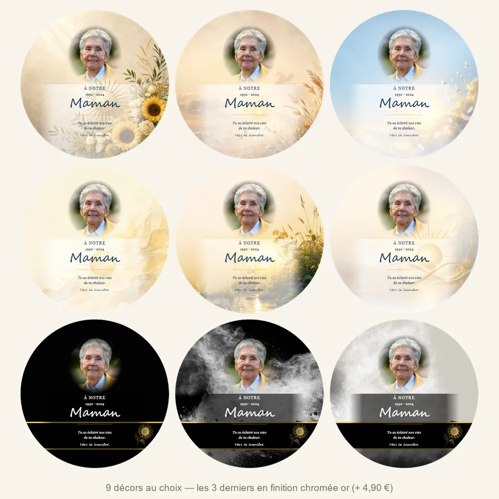 Plaque funéraire circulaire Soleil — neuf décors de fond au choix