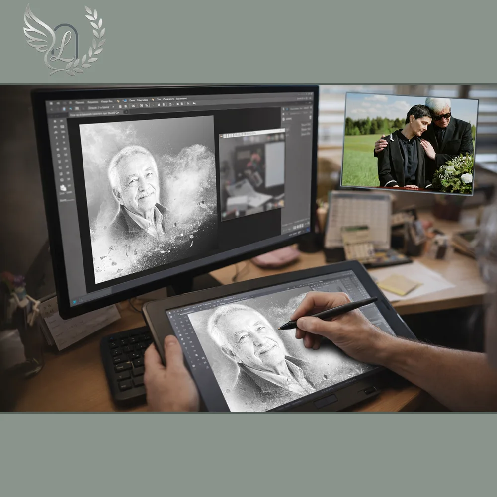 Création artistique plaque funéraire Musique sur tablette graphique en studio