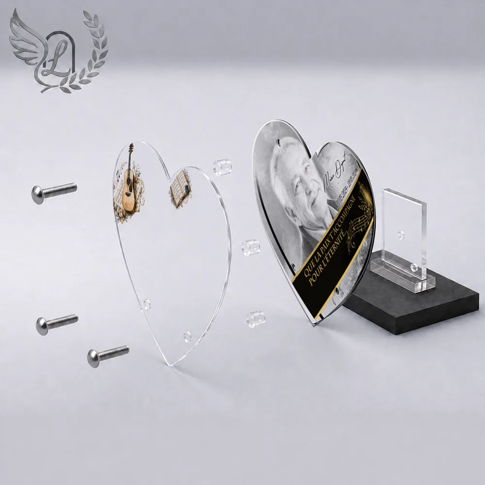Vue éclatée plaque funéraire Cœur Musique : construction sandwich plexi imprimé miroir, 3 entretoises, dibond et bloc ardoise