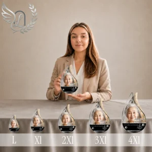 Gamme de plaques funéraires flamme en finition argent avec portrait, du format L au 4XL, présentées côte à côte, thème musical personnalisé
