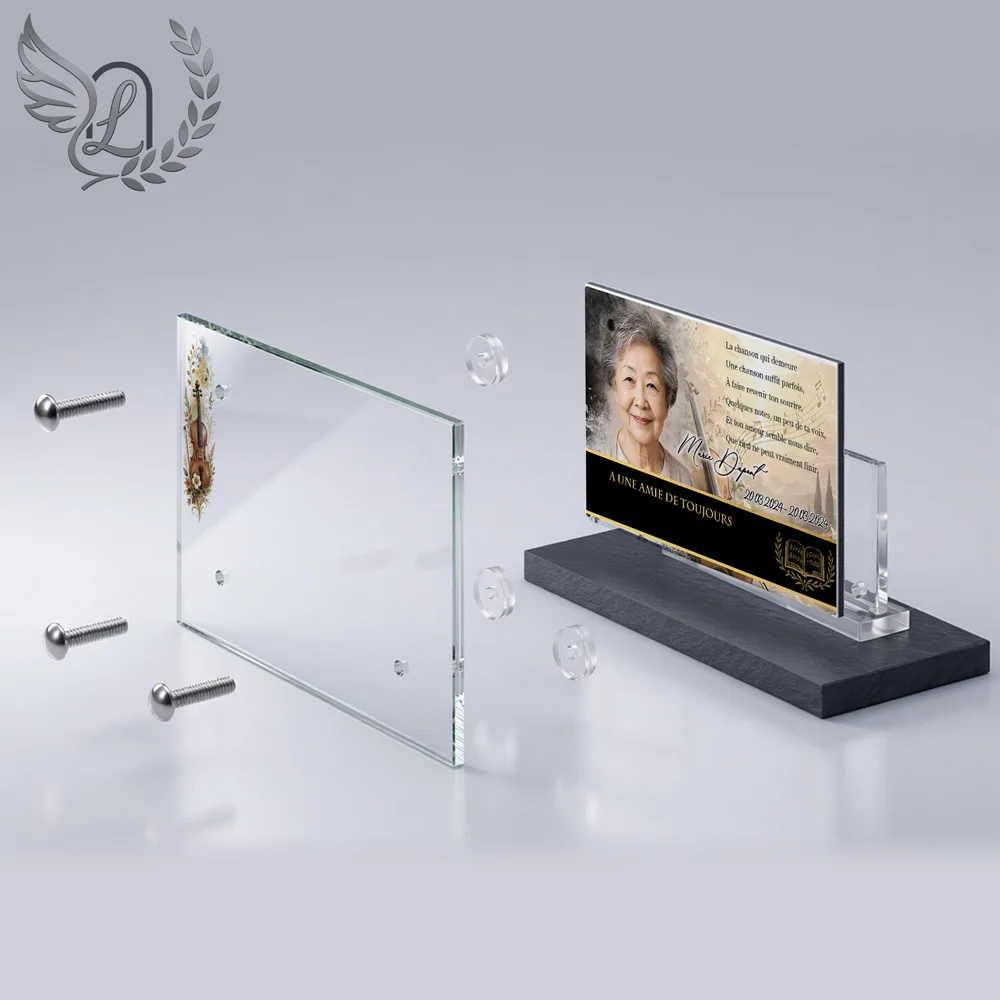 Vue éclatée plaque funéraire Panoramique Musique : construction sandwich plexi imprimé miroir, 3 entretoises, dibond et bloc ardoise