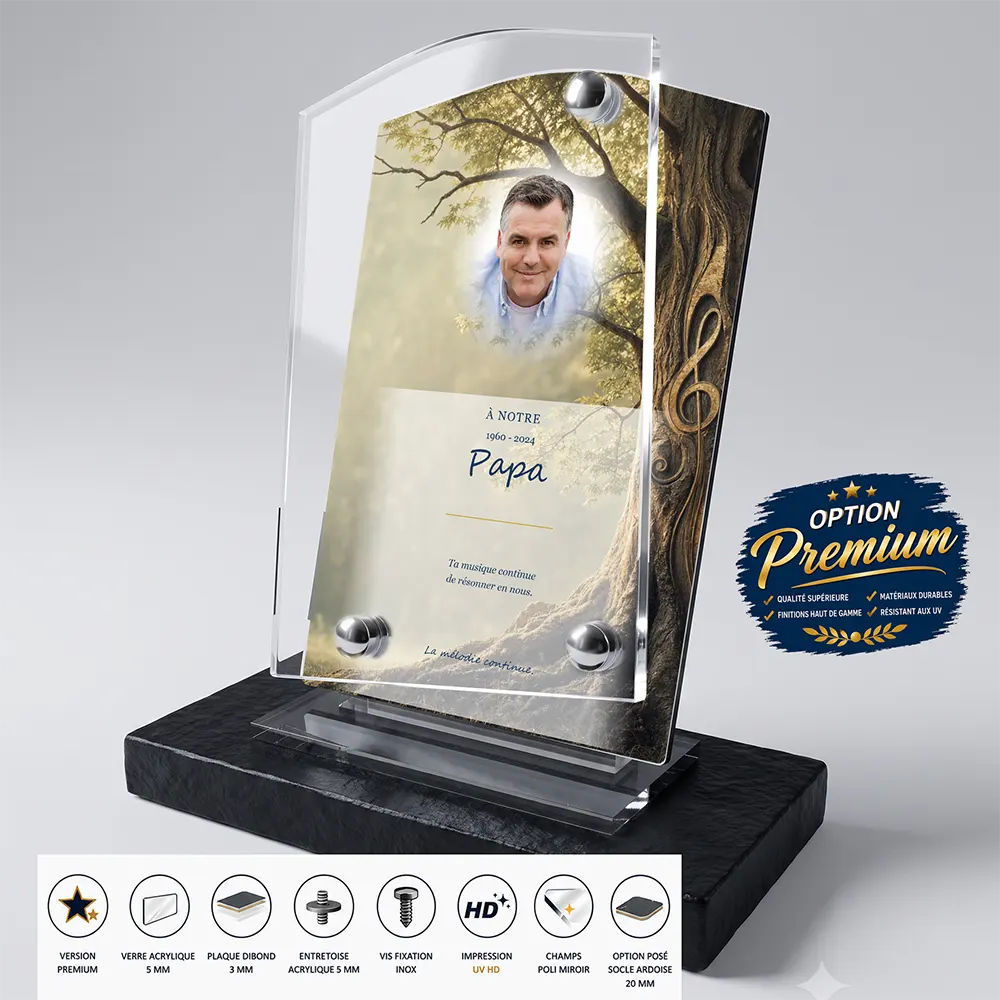 Plaque funéraire stèle Musique finition premium présentée sur socle en ardoise