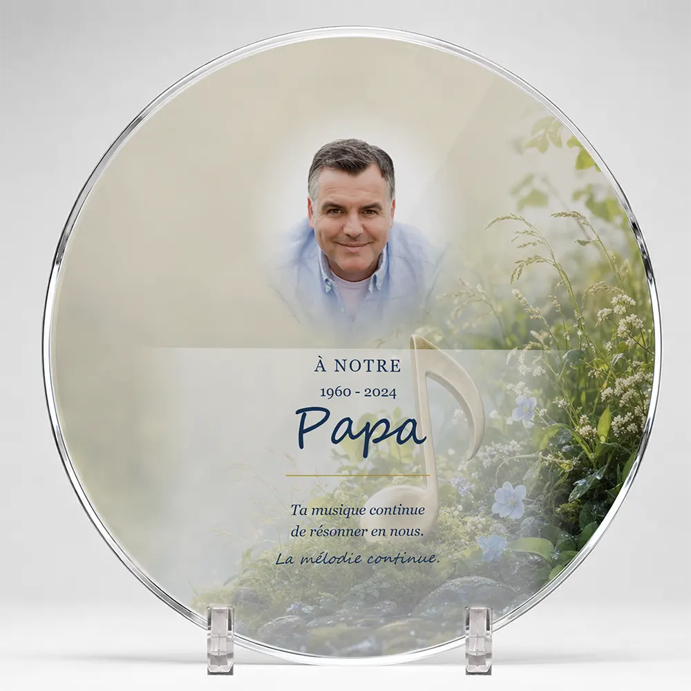 Plaque funéraire circulaire Musique personnalisée — portrait, texte libre et fond au choix, présentée sur pied plexi