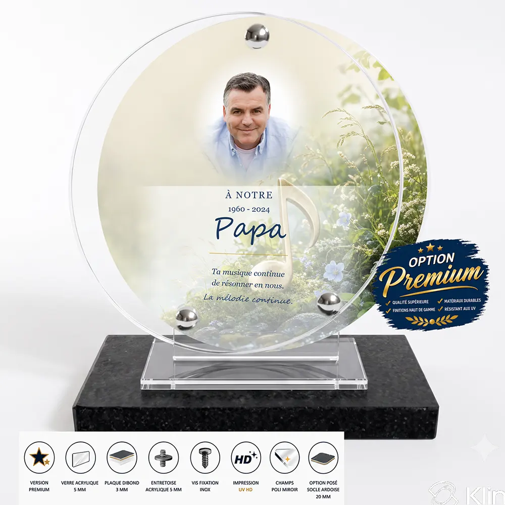 Plaque funéraire circulaire Musique finition premium présentée sur socle en ardoise