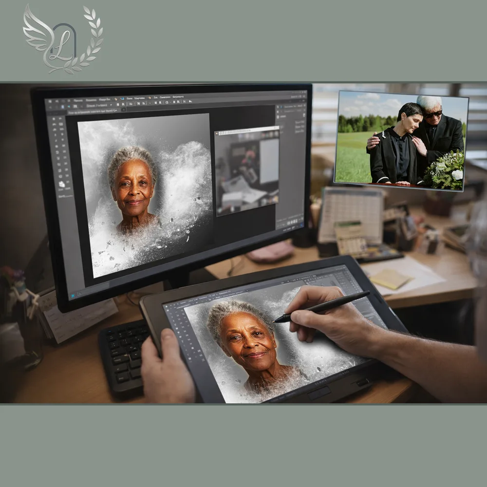 Création artistique plaque funéraire Sport sur tablette graphique en studio