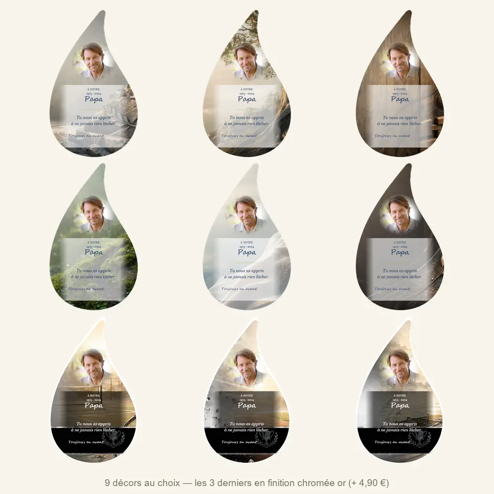 Plaque funéraire flamme Sport — neuf décors de fond au choix