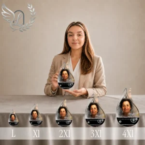 Gamme de plaques funéraires forme flamme en plexiglas argent avec portrait, présentée en cinq tailles progressives, finition chrome brillant, thème sportif.