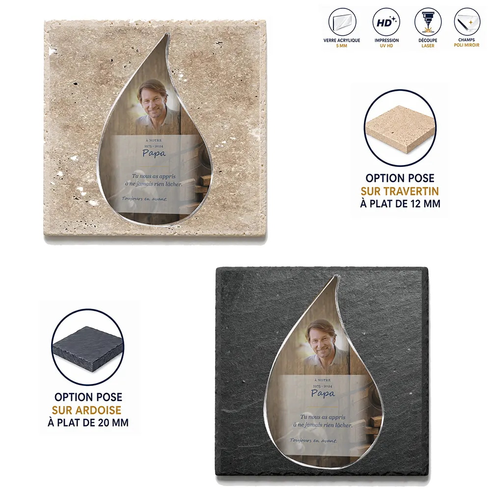Plaque funéraire flamme Sport — supports au choix, socle ardoise ou travertin