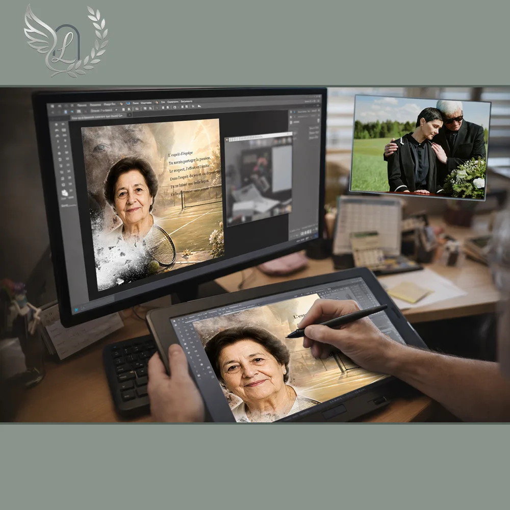 Création artistique plaque funéraire Sport sur tablette graphique en studio