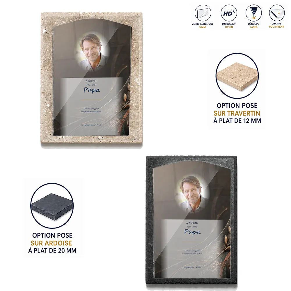 Plaque funéraire stèle Sport — supports au choix, socle ardoise ou travertin