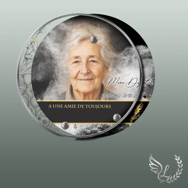 Plaque funéraire médaillon rond sport collée sur pierre tombale, double-face professionnel inclus, 1er sous-décor du thème