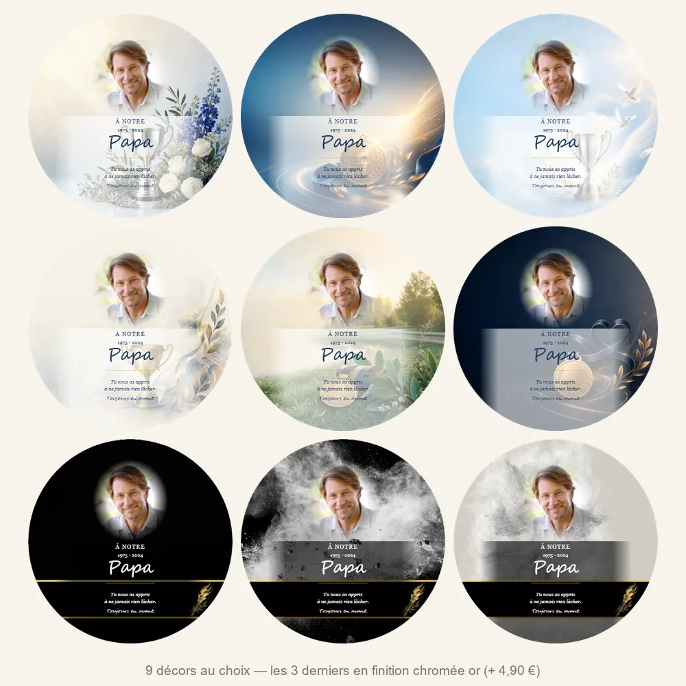 Plaque funéraire circulaire Sport — neuf décors de fond au choix