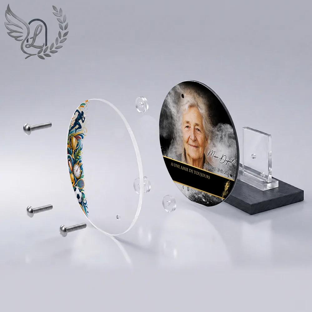Vue éclatée plaque funéraire Circulaire Sport : construction sandwich plexi imprimé miroir, 3 entretoises, dibond et bloc ardoise