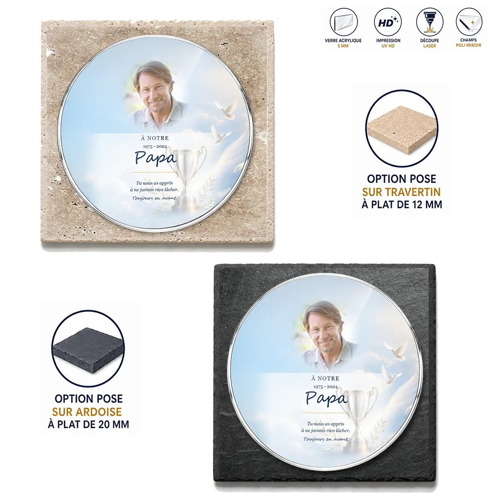 Plaque funéraire circulaire Sport — supports au choix, socle ardoise ou travertin