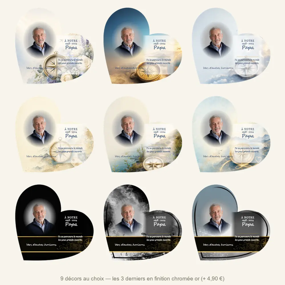 Plaque funéraire cœur Voyage — neuf décors de fond au choix