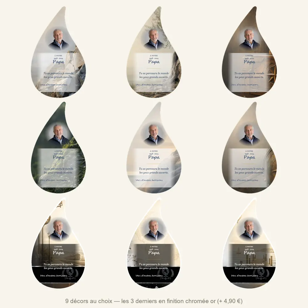 Plaque funéraire flamme Voyage — neuf décors de fond au choix
