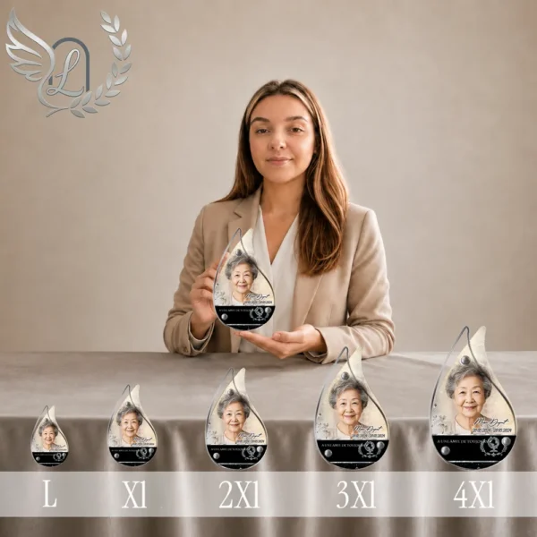 Gamme de plaques funéraires en forme de flamme avec finition argent, présentée du plus petit au plus grand format, motif voyage et portrait personnalisé, style épuré et élégant