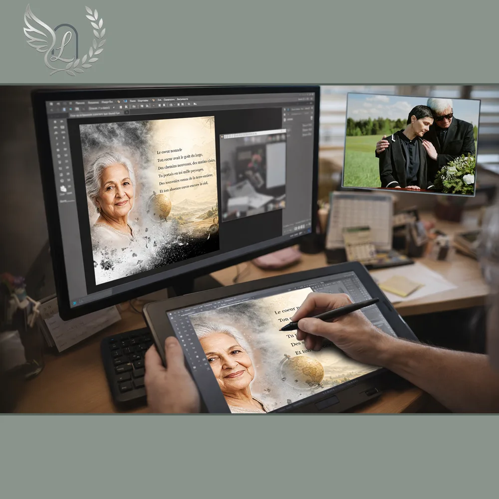 Création artistique plaque funéraire Voyage sur tablette graphique en studio