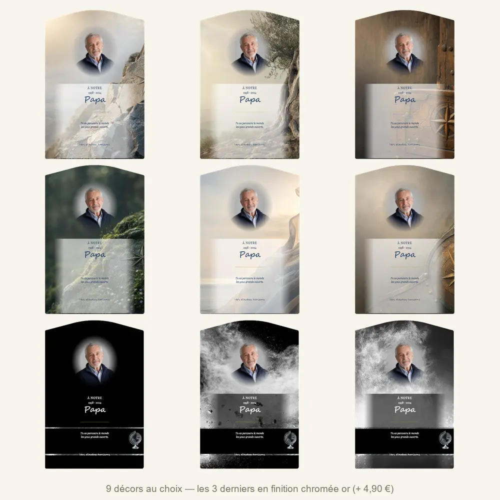 Plaque funéraire stèle Voyage — neuf décors de fond au choix