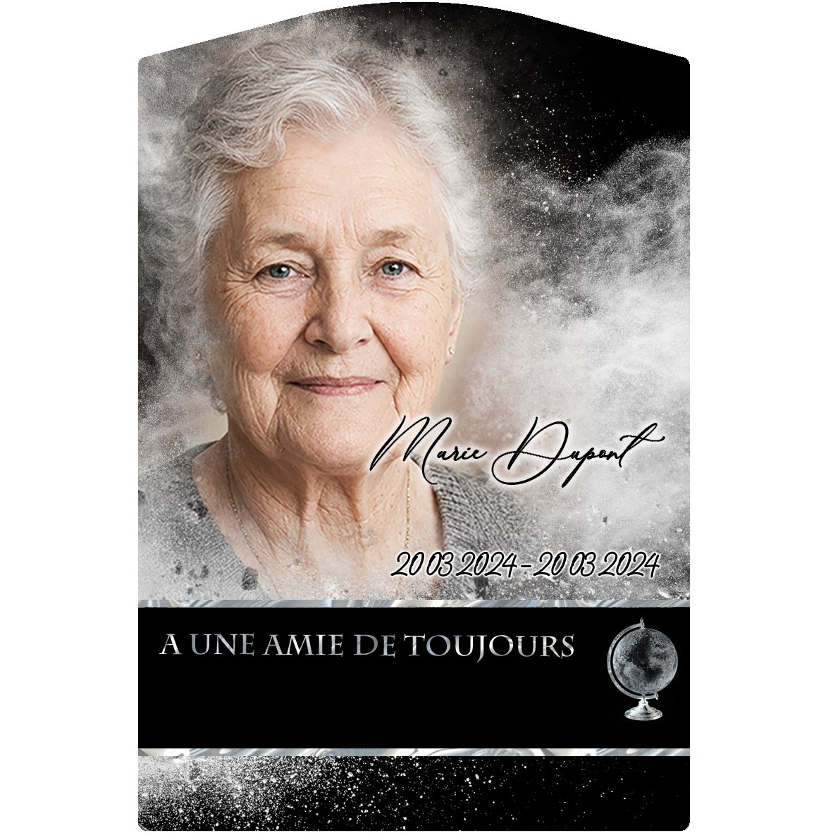Plaque Stèle Voyage effet Éclat, ambiance complète portrait + fond