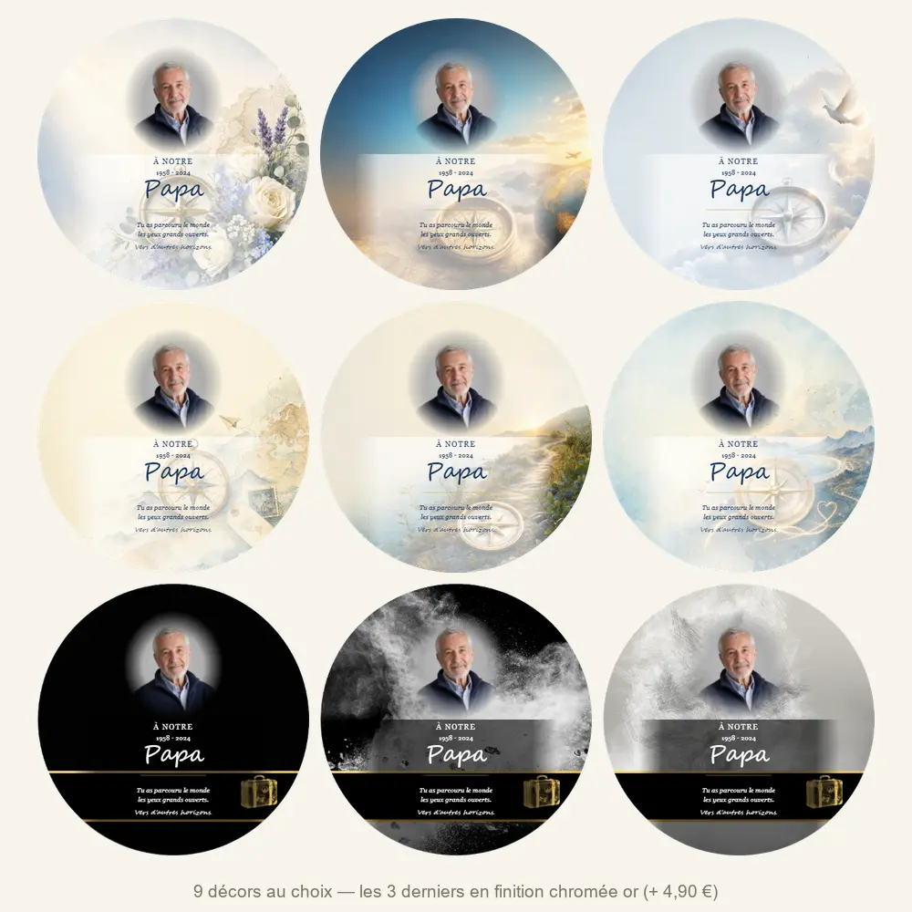 Plaque funéraire circulaire Voyage — neuf décors de fond au choix