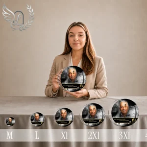 Ensemble de plaques funéraires circulaires en finition or, du format M au 3XL, présentant un portrait photographique avec paysage montagneux en arrière-plan, médaillons comparatifs côte à côte