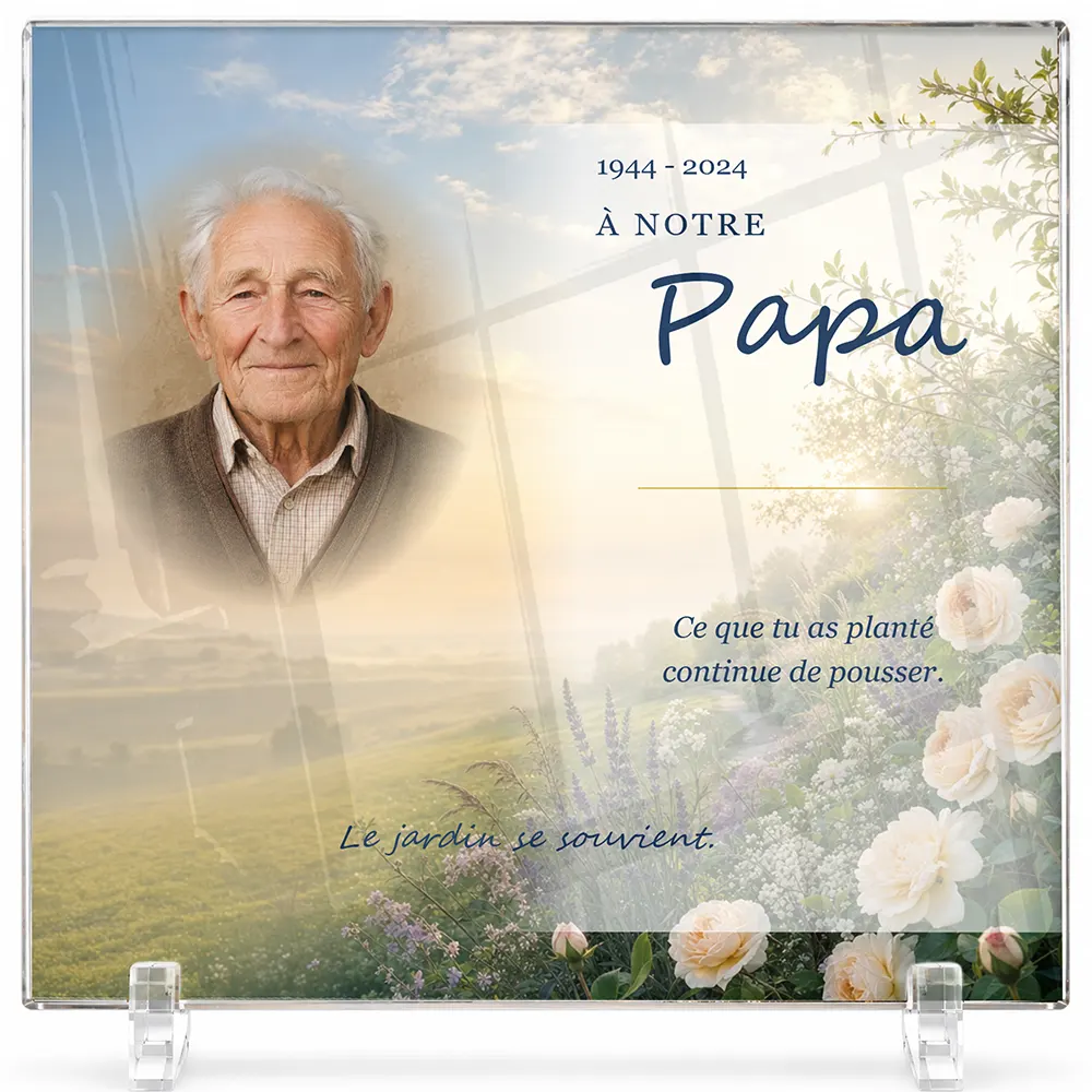 Plaque funéraire carré Jardinage personnalisée — portrait, texte libre et fond au choix, présentée sur pied plexi