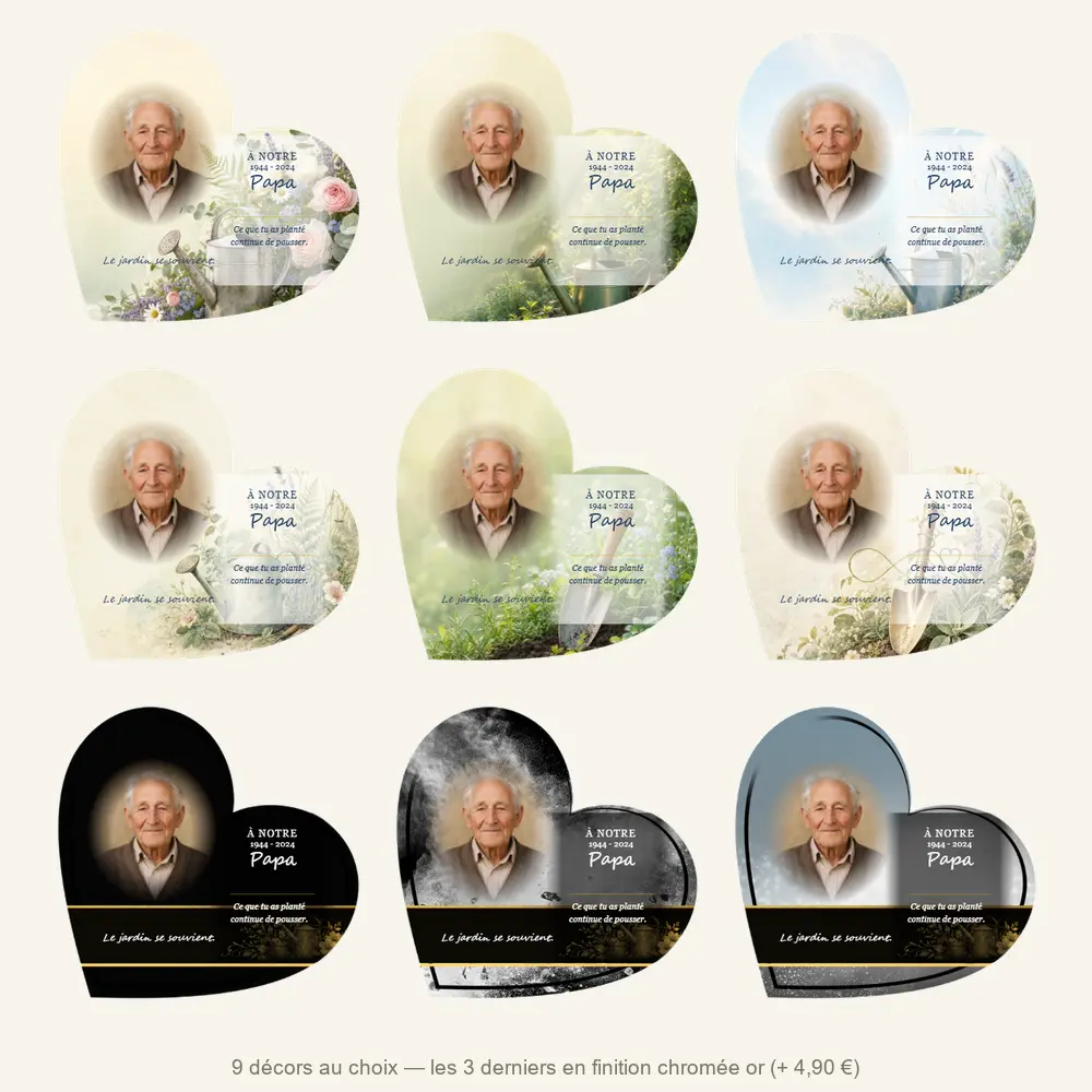 Plaque funéraire cœur Jardinage — neuf décors de fond au choix