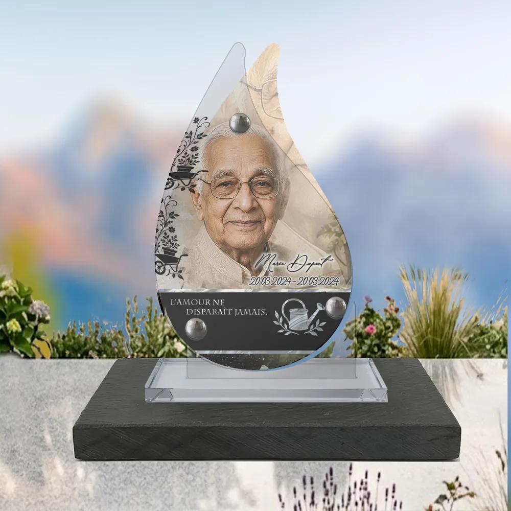 Plaque Flamme Jardinage à poser sur socle ardoise du Brésil