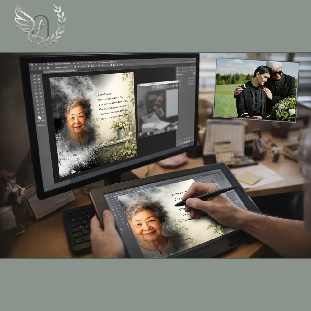 Création artistique plaque funéraire Jardinage sur tablette graphique en studio