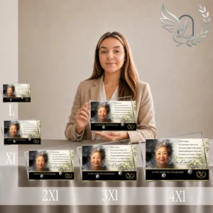 Gamme de plaques funéraires panoramiques avec finition or, motif floral jardin, présentées en quatre tailles croissantes, photo de femme souriante, texte hommage personnalisé