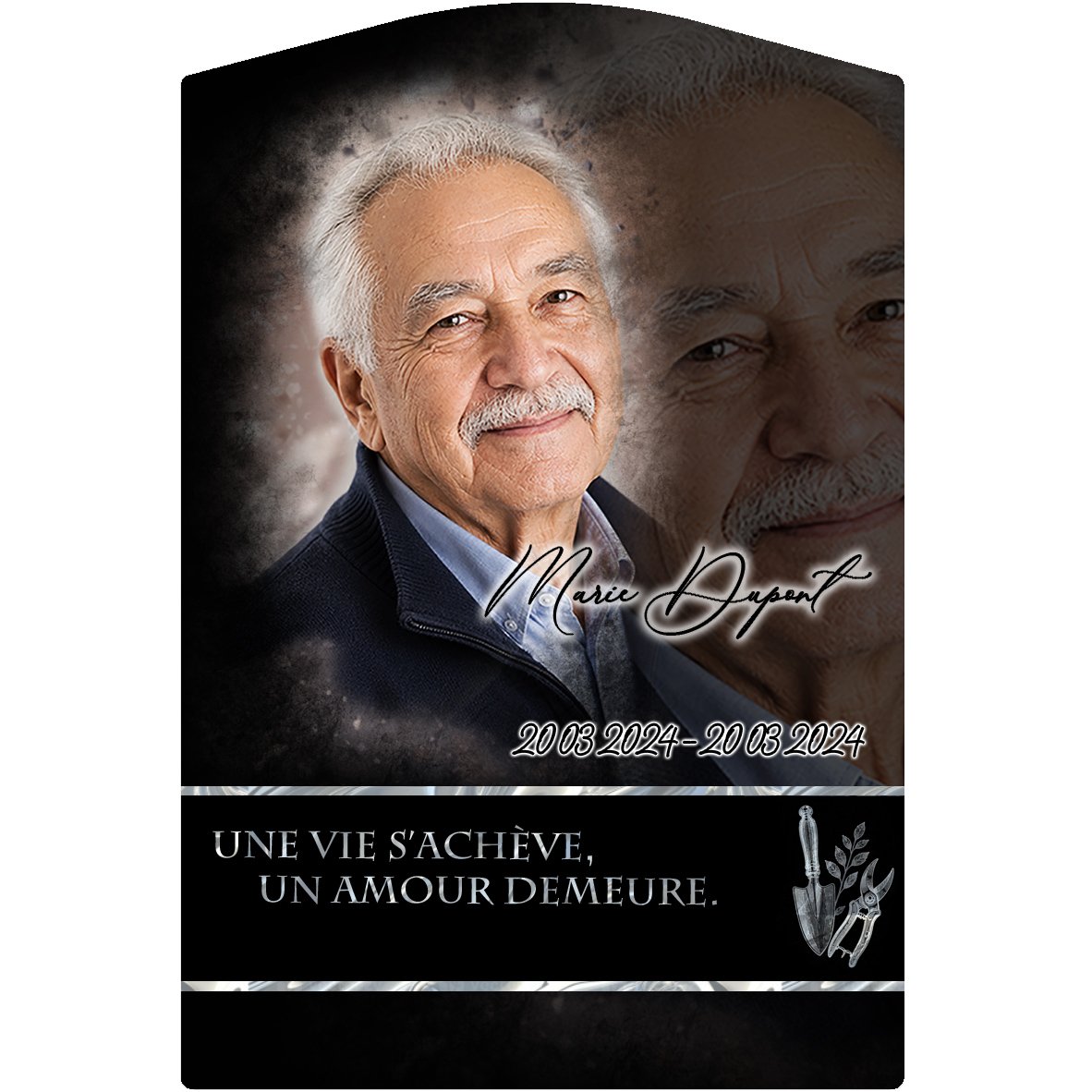Plaque Stèle Jardinage effet Crayon, ambiance complète portrait + fond