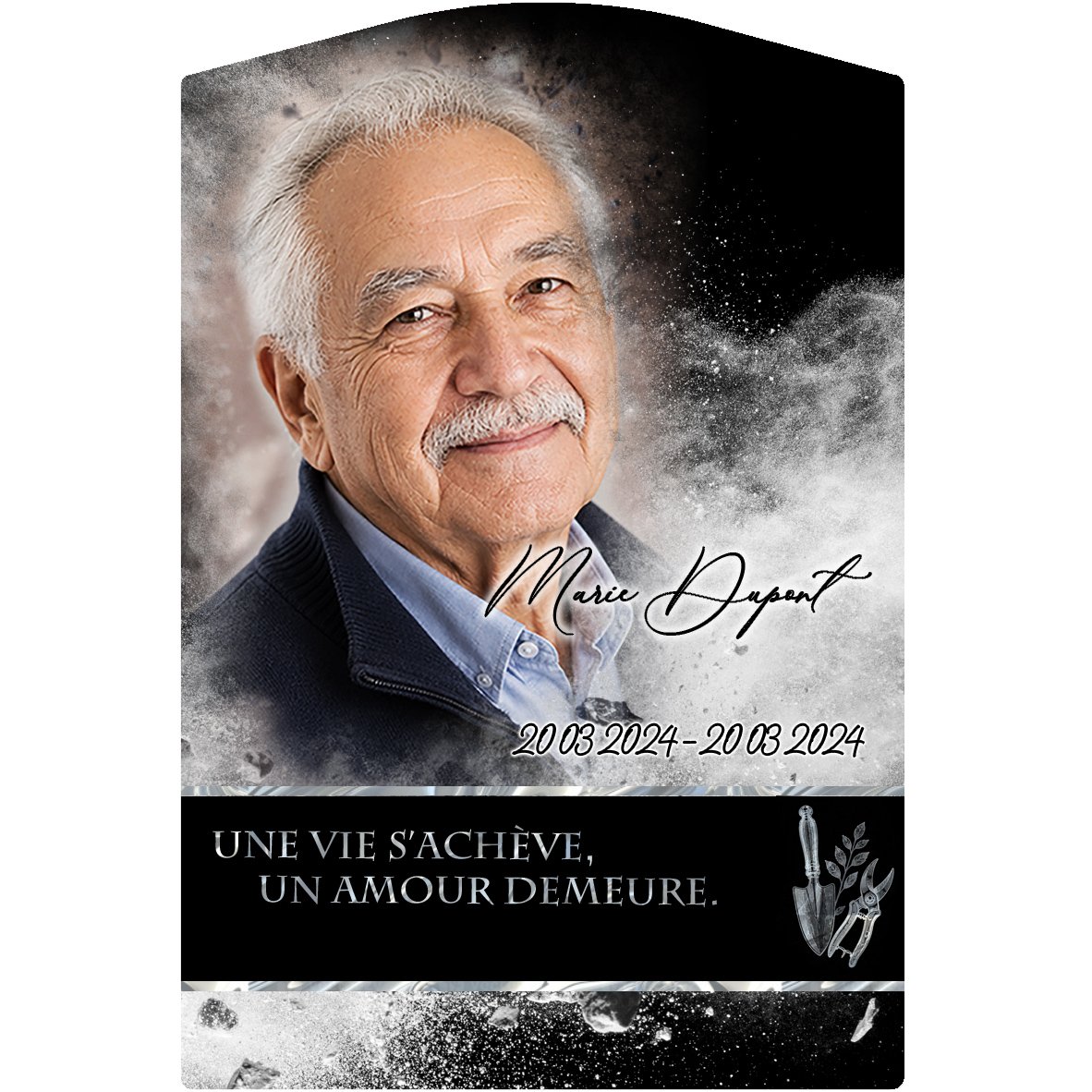 Plaque Stèle Jardinage effet Éclat, ambiance complète portrait + fond